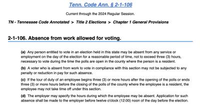Tennessee Rule Regarding Job Absence for Voting